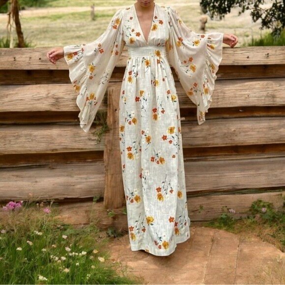 Vintage 70s Caftan Maxi Dress Floral Print Angel Sleeve Prairie Cottagecore Boho - Picture 1 of 16